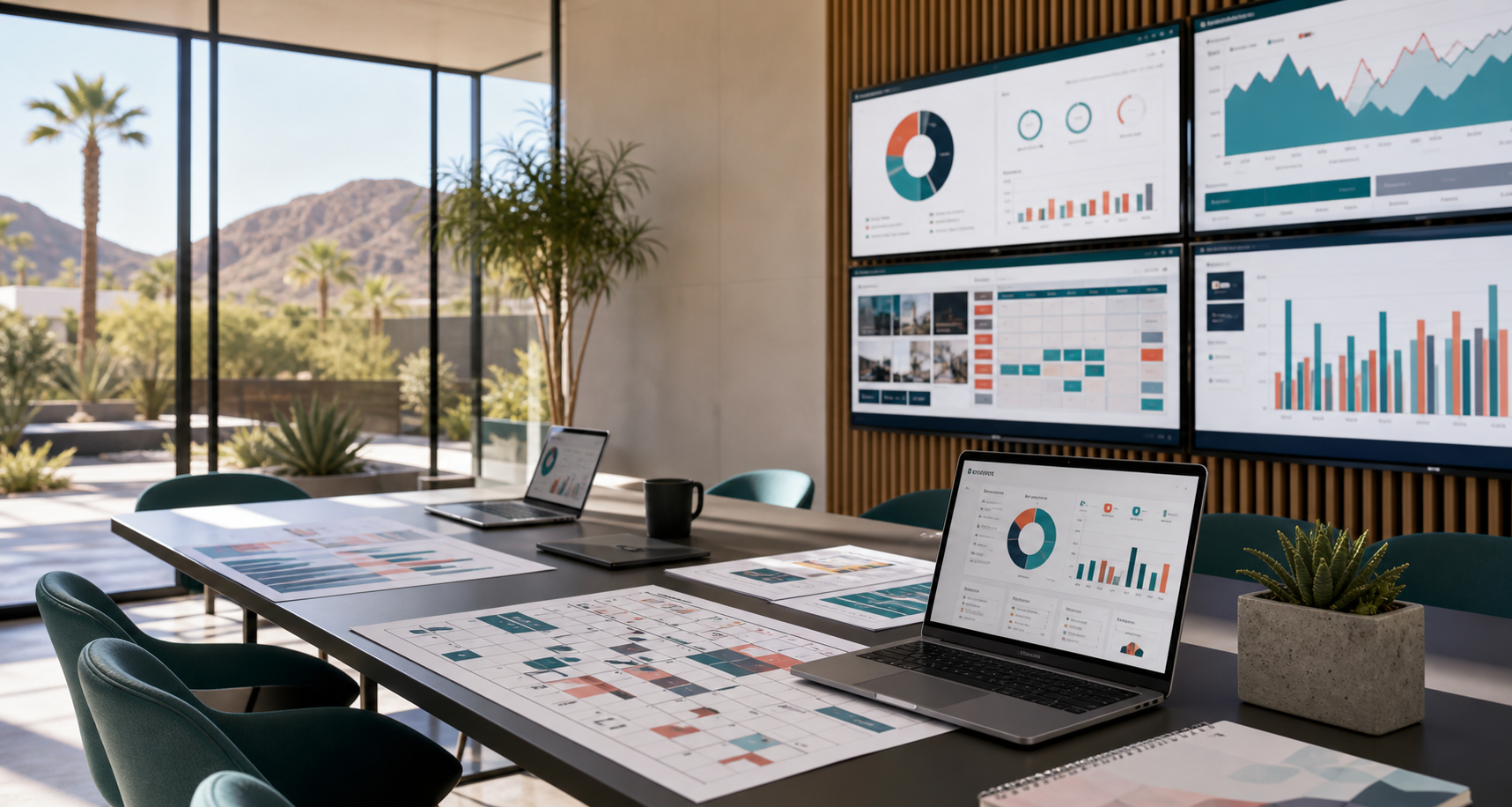 Modern media strategy workspace with campaign dashboards and planning materials